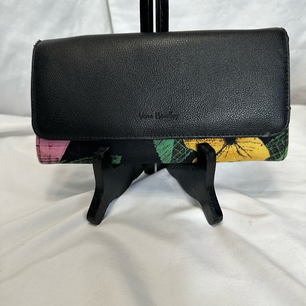 Vera Bradley Black Floral Trim Wallet with Pink, Green & Yellow Accents